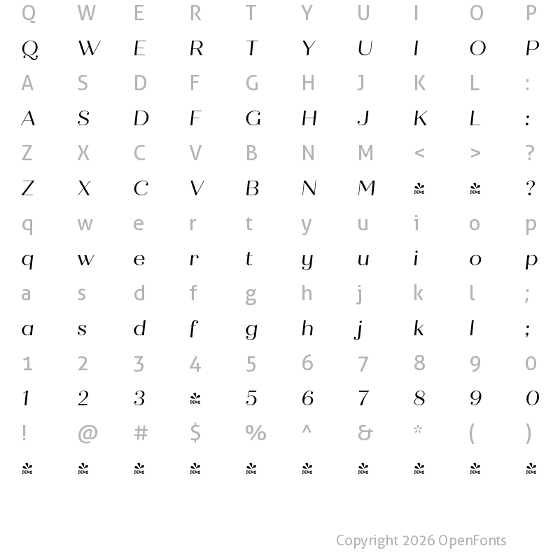 Character Map of FONTSPRING DEMO - Quiche Display Italic