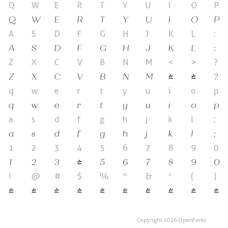 Character Map of FONTSPRING DEMO - Quiche Display Thin Italic
