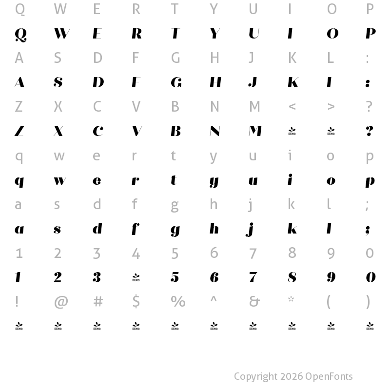 Character Map of FONTSPRING DEMO - Quiche Fine Black Italic
