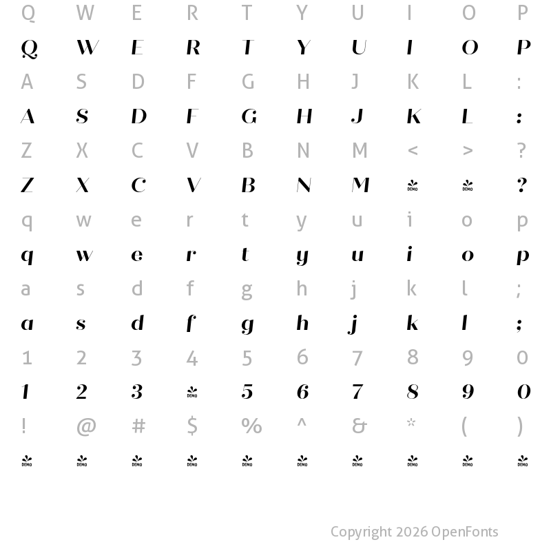 Character Map of FONTSPRING DEMO - Quiche Fine Bold Italic