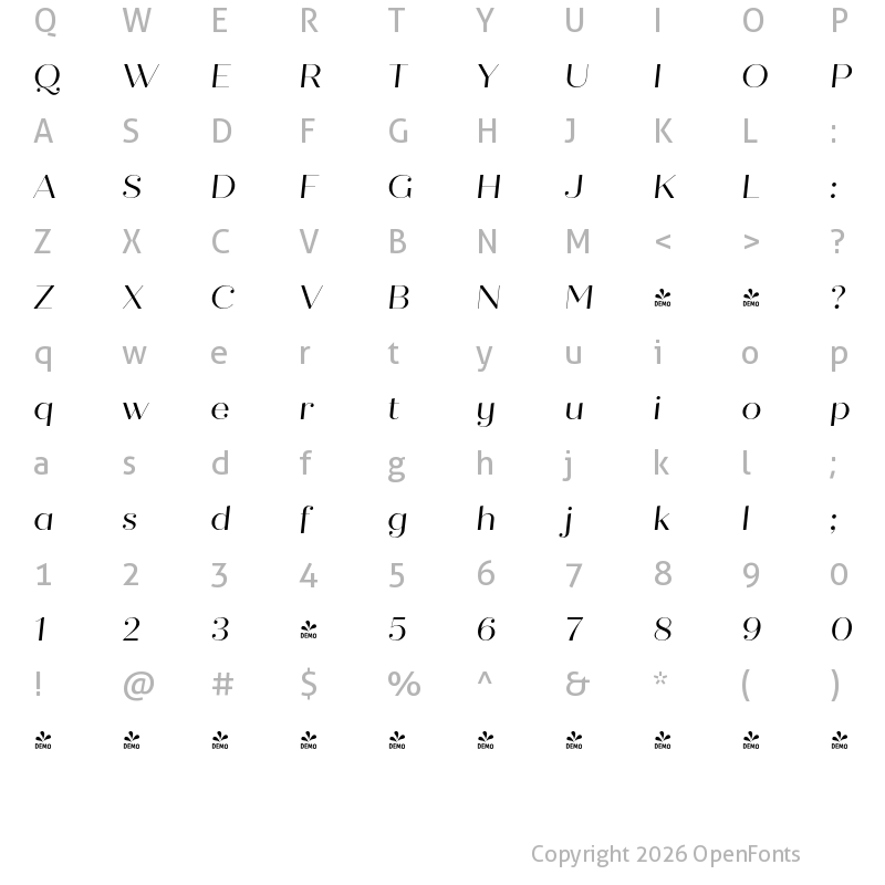 Character Map of FONTSPRING DEMO - Quiche Fine Italic