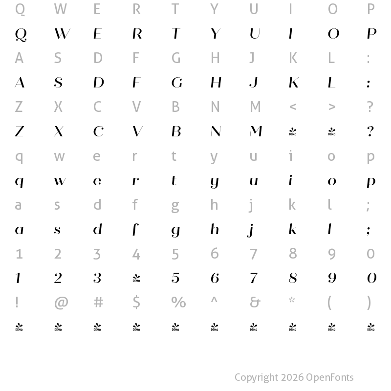 Character Map of FONTSPRING DEMO - Quiche Fine Medium Italic