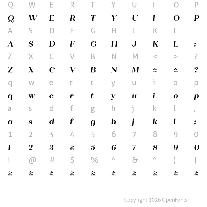 Character Map of FONTSPRING DEMO - Quiche Flare Bold Italic