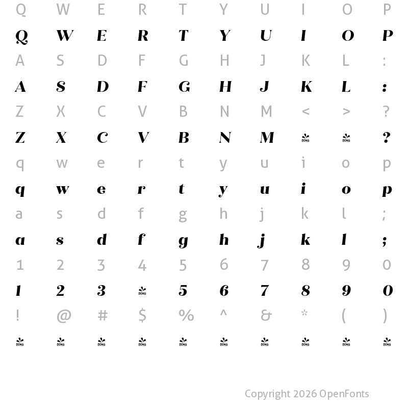 Character Map of FONTSPRING DEMO - Quiche Flare ExtraBold Italic