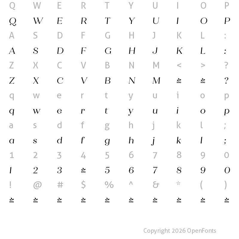 Character Map of FONTSPRING DEMO - Quiche Flare Italic