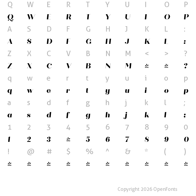 Character Map of FONTSPRING DEMO - Quiche Stencil ExtraBold Italic