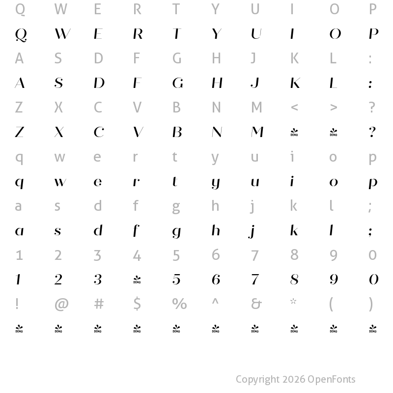 Character Map of FONTSPRING DEMO - Quiche Stencil Medium Italic