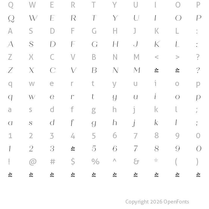 Character Map of FONTSPRING DEMO - Quiche Stencil Thin Italic