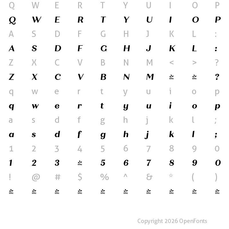 Character Map of FONTSPRING DEMO - Quiche Text Bold Italic