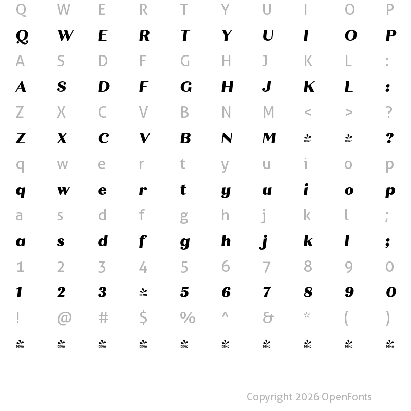 Character Map of FONTSPRING DEMO - Quiche Text ExtraBold Italic