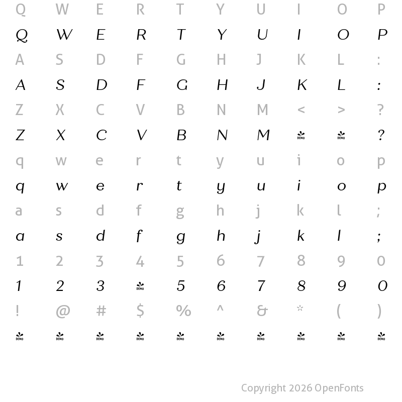Character Map of FONTSPRING DEMO - Quiche Text Italic