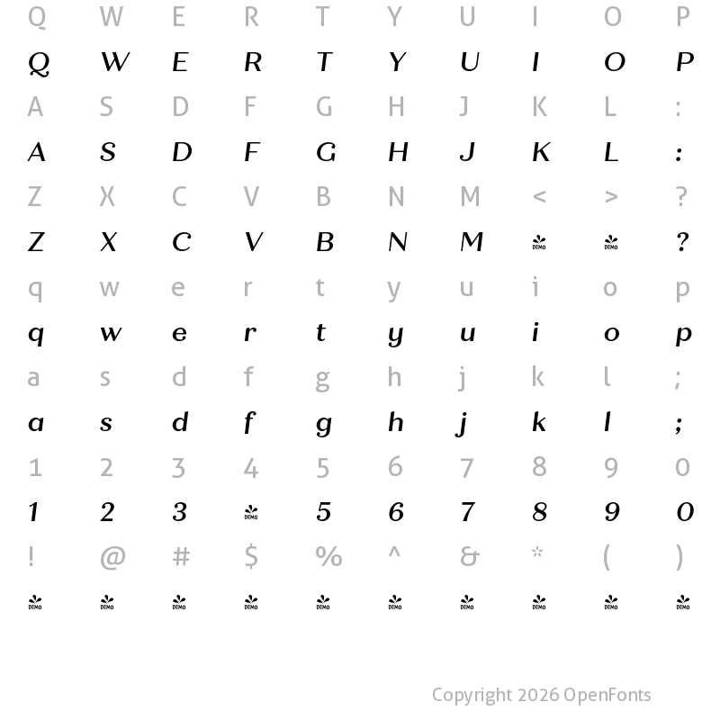 Character Map of FONTSPRING DEMO - Quiche Text Medium Italic