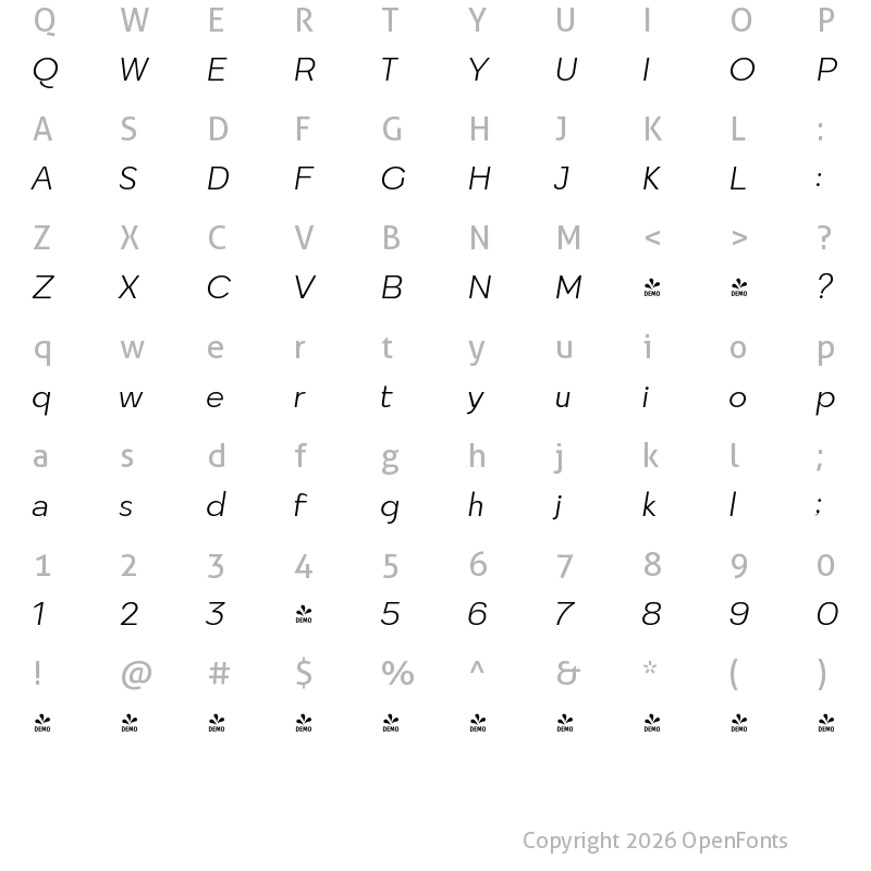Character Map of FONTSPRING DEMO - Quickflio Light Italic