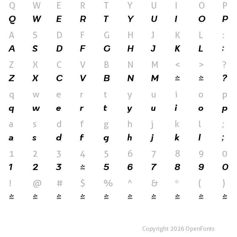 Character Map of FONTSPRING DEMO - Quickflio SemiBold Italic