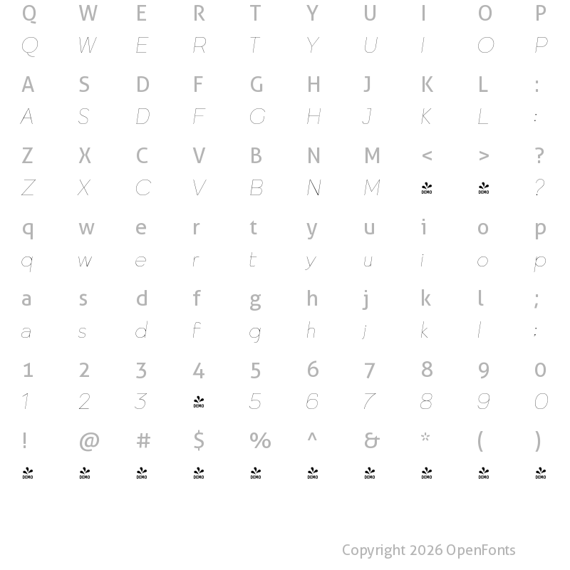 Character Map of FONTSPRING DEMO - Quickflio Thin Italic