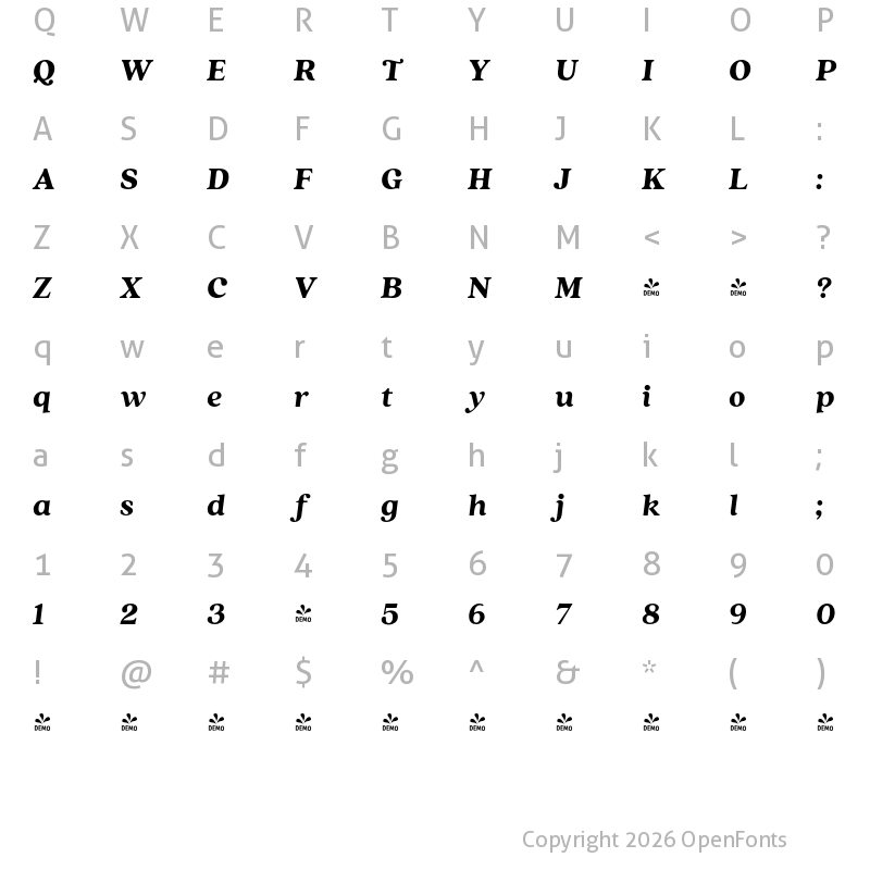 Character Map of FONTSPRING DEMO - Quincy CF Black Italic