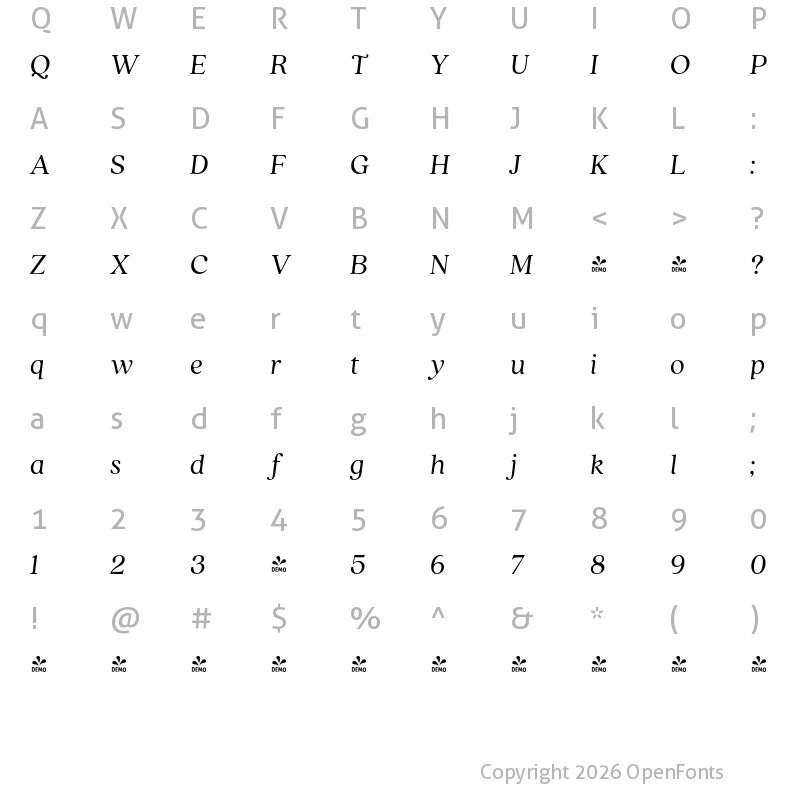 Character Map of FONTSPRING DEMO - Quincy CF Italic