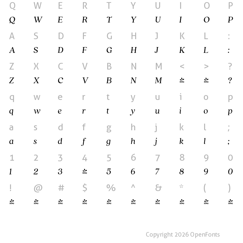 Character Map of FONTSPRING DEMO - Quincy CF Text Italic