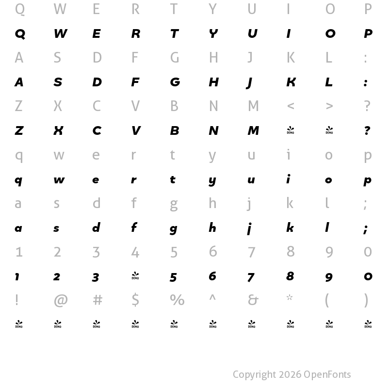 Character Map of FONTSPRING DEMO - Quinoa Heavy Italic