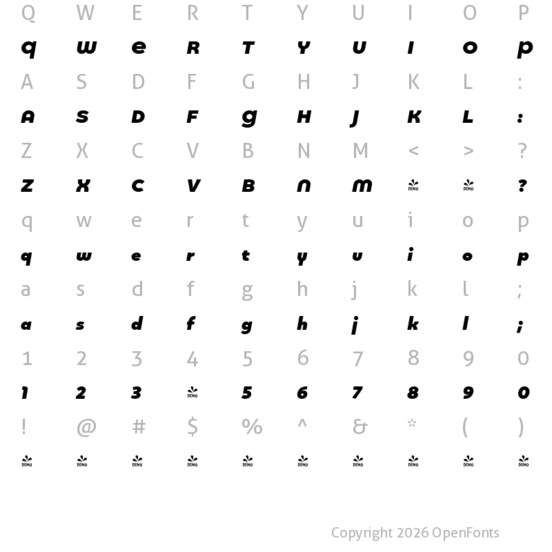 Character Map of FONTSPRING DEMO - Quinoa Round Black Italic