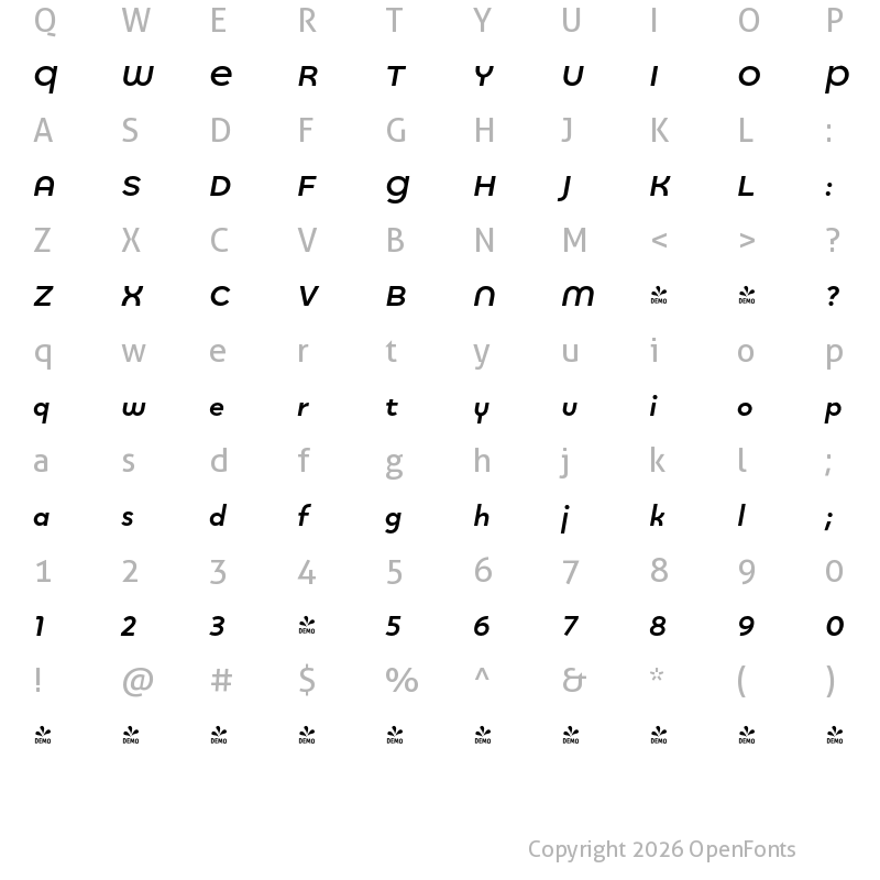 Character Map of FONTSPRING DEMO - Quinoa Round Bold Italic