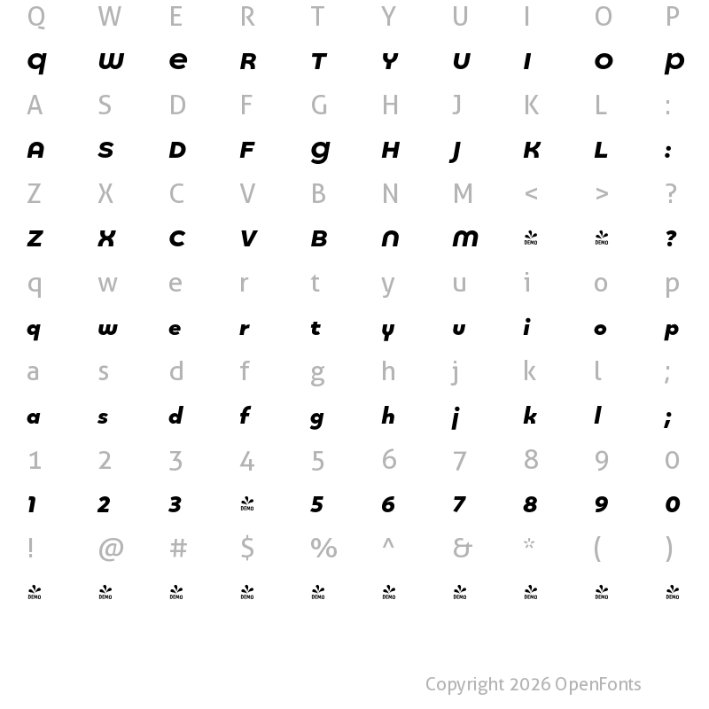 Character Map of FONTSPRING DEMO - Quinoa Round Heavy Italic
