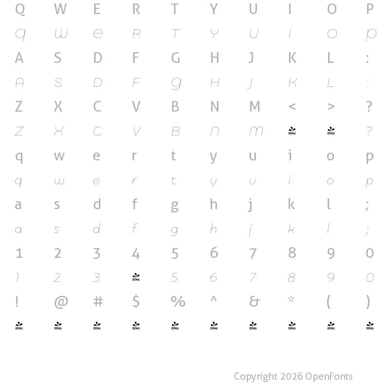 Character Map of FONTSPRING DEMO - Quinoa Round Thin Italic