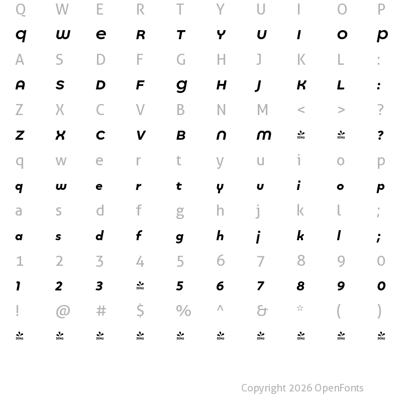 Character Map of FONTSPRING DEMO - Quinoa Round Ultrabold Italic