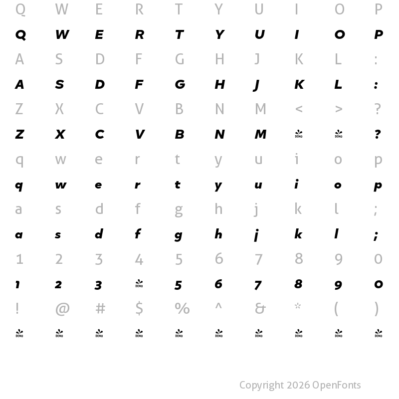 Character Map of FONTSPRING DEMO - Quinoa Text Heavy Italic