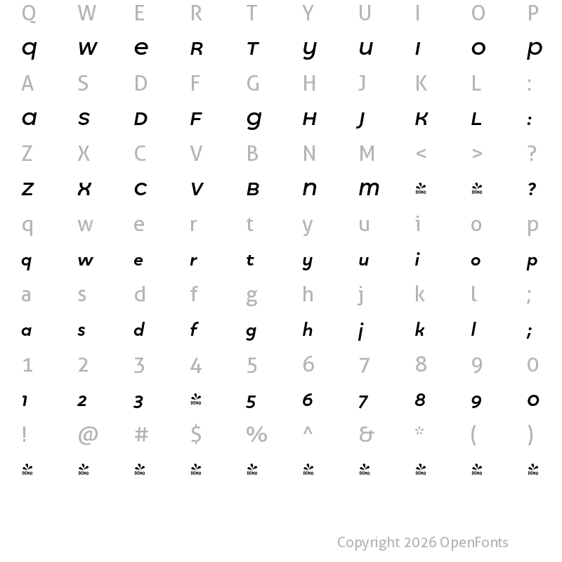 Character Map of FONTSPRING DEMO - Quinoa Titling Bold Italic