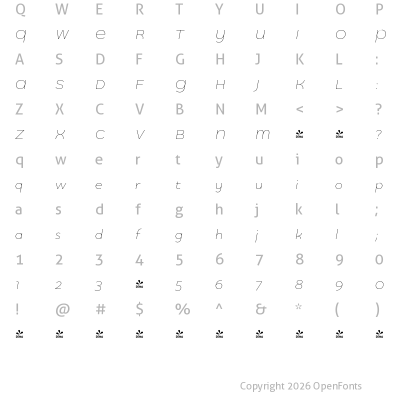 Character Map of FONTSPRING DEMO - Quinoa Titling Light Italic