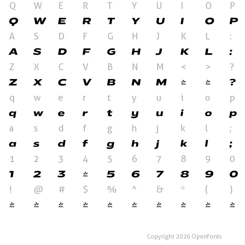 Character Map of FONTSPRING DEMO - Radiate Sans Bold Semi Expanded Bold Italic