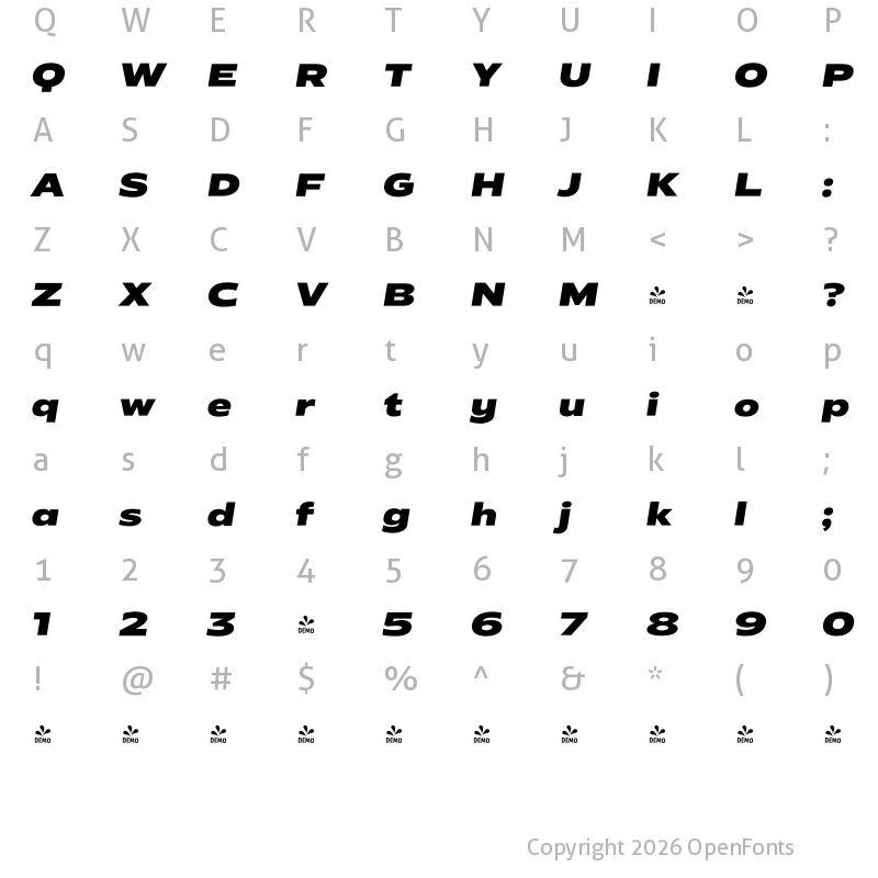 Character Map of FONTSPRING DEMO - Radiate Sans ExBold Sm Expanded Bold Italic