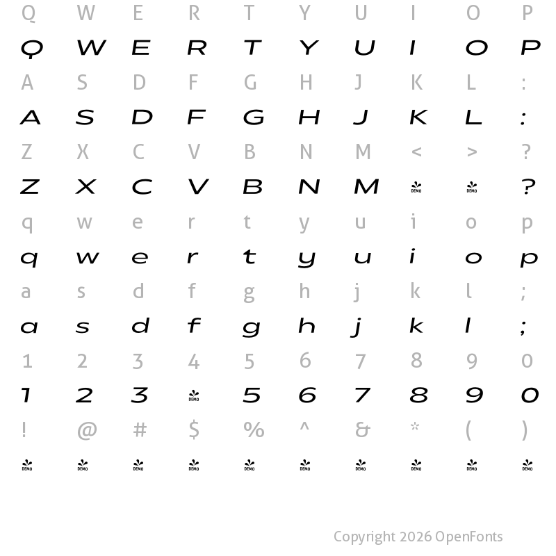 Character Map of FONTSPRING DEMO - Radiate Sans Expanded Italic