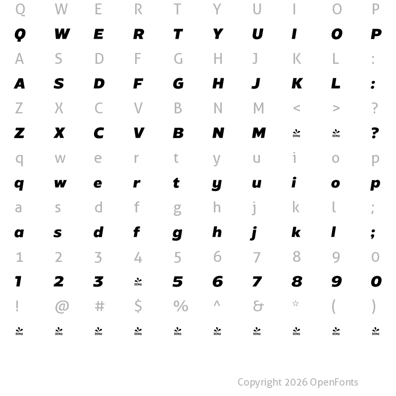 Character Map of FONTSPRING DEMO - Radiate Sans ExtraBold Bold Italic