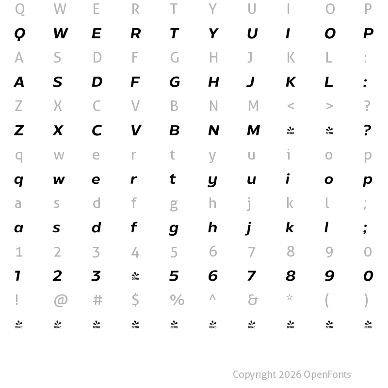 Character Map of FONTSPRING DEMO - Radiate Sans SemiBold Italic