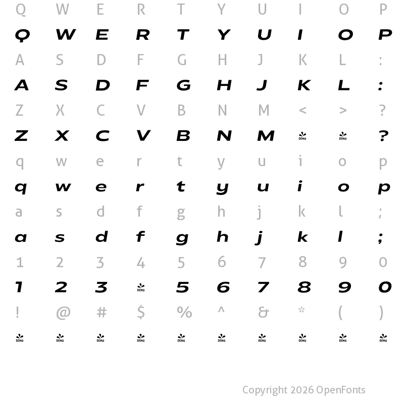 Character Map of FONTSPRING DEMO - Radiate Sans SmBold Sm Expanded Italic