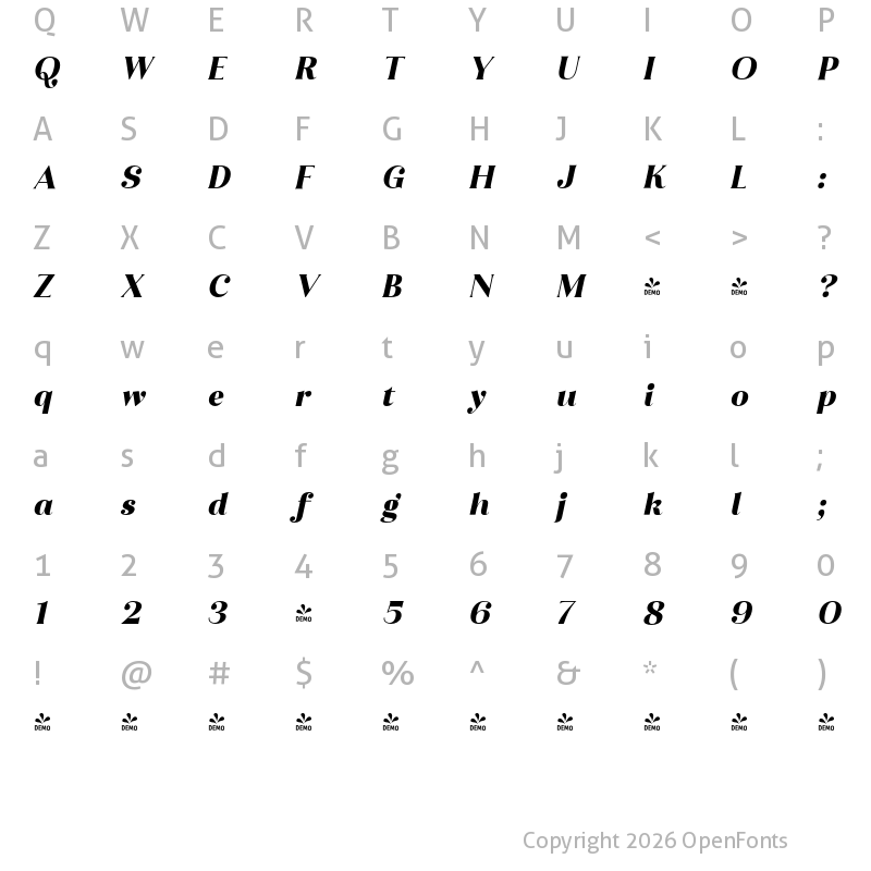 Character Map of FONTSPRING DEMO - Ragazzi Black Italic Regular