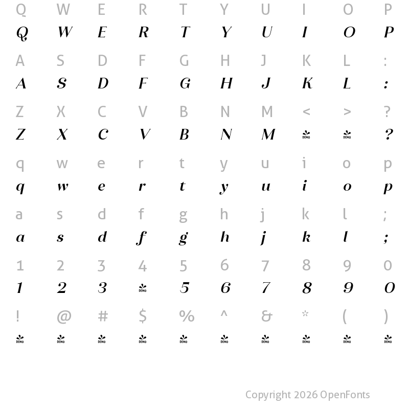 Character Map of FONTSPRING DEMO - Ragazzi Bold Italic Regular