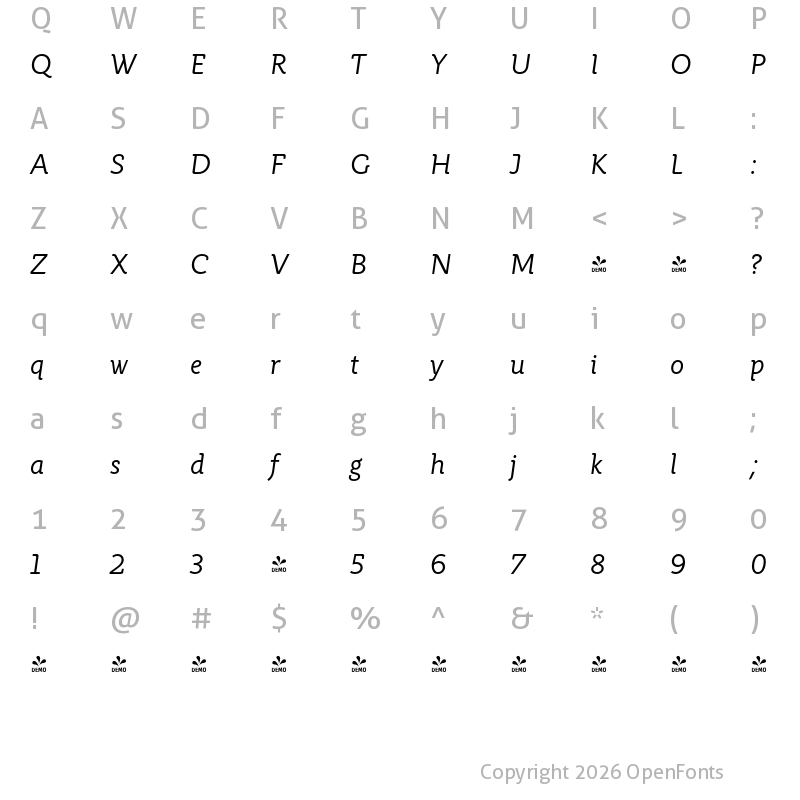 Character Map of FONTSPRING DEMO - Rahere Informal Italic