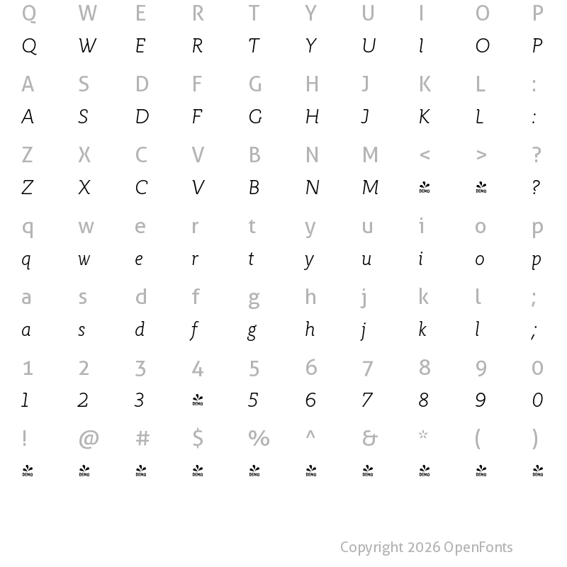 Character Map of FONTSPRING DEMO - Rahere Informal Light Italic