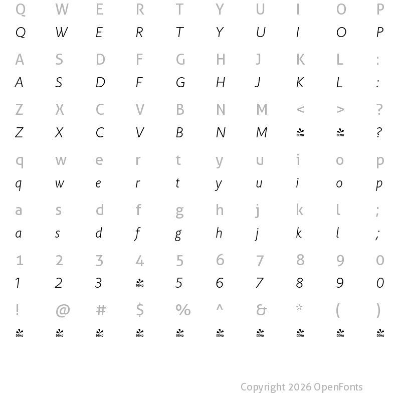 Character Map of FONTSPRING DEMO - Rahere Sans Light Italic