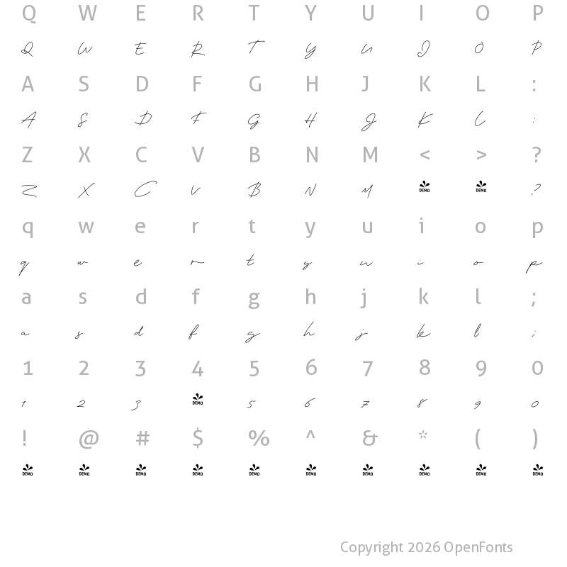 Character Map of FONTSPRING DEMO - Rainmaker Script Regular