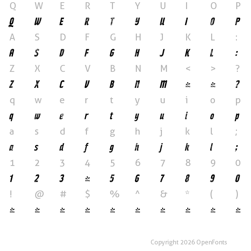 Character Map of FONTSPRING DEMO - Rakesly Iron Bold Italic