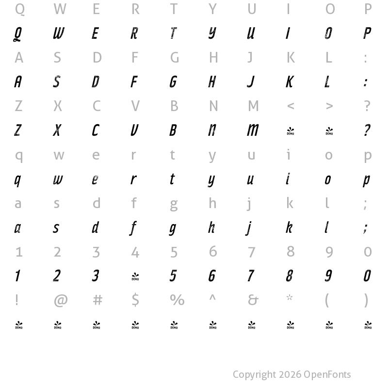 Character Map of FONTSPRING DEMO - Rakesly Iron Italic
