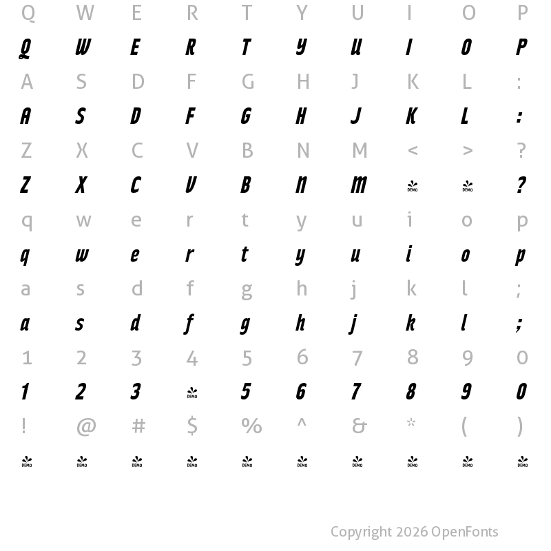 Character Map of FONTSPRING DEMO - Rakesly Rg Bold Italic