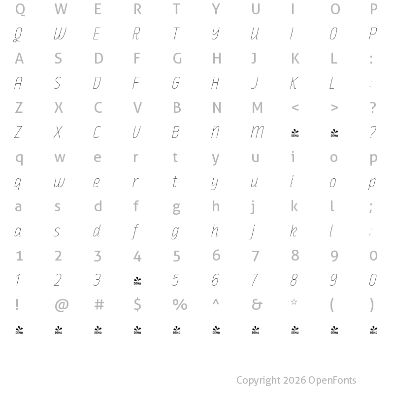 Character Map of FONTSPRING DEMO - Rakesly Ul Italic