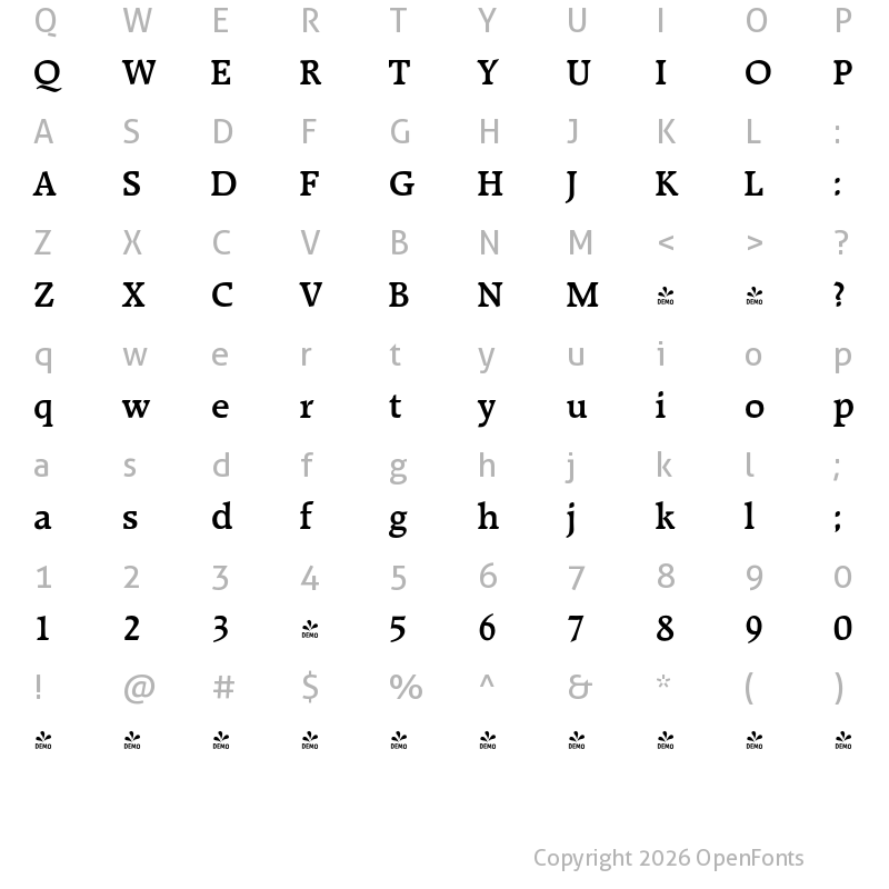 Character Map of FONTSPRING DEMO - Raleigh Serial Medium Regular