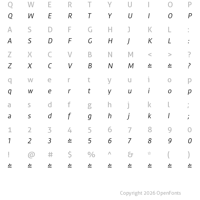 Character Map of FONTSPRING DEMO - Rambla Alt Libro Oblicua