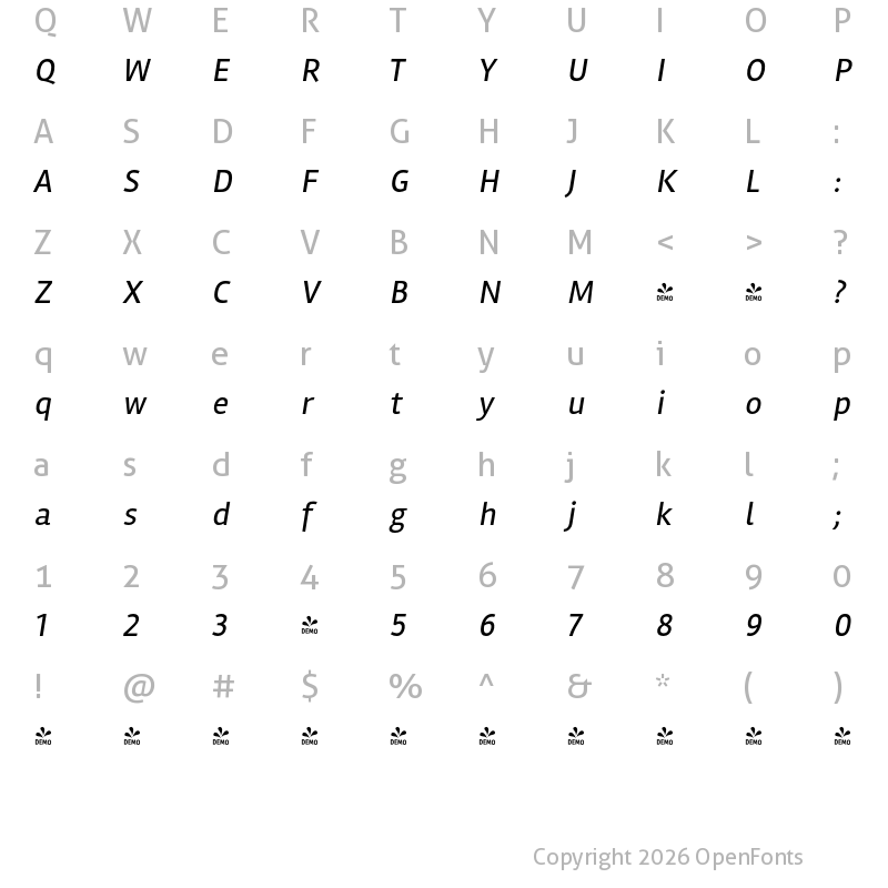 Character Map of FONTSPRING DEMO - Rambla Regular Oblicua